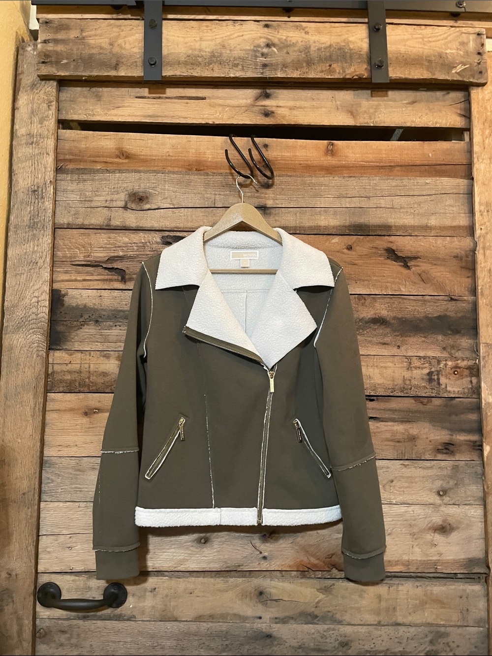 Michael Kors Olive Green Moto Jacket with White Sherpa Trim